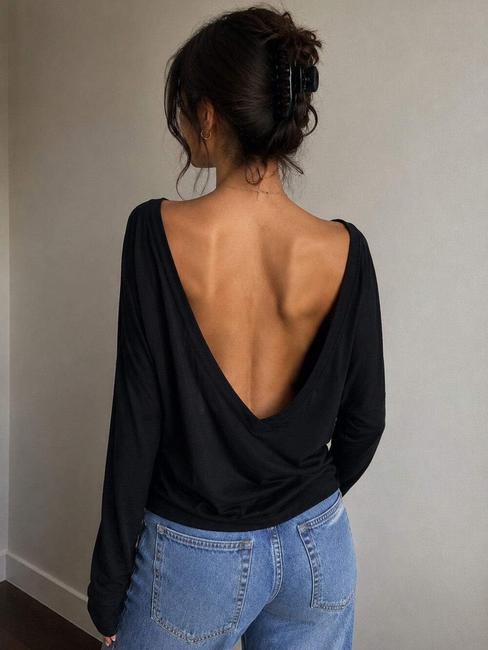 GOOD AMERICAN Black Modal Top – Open Back V – Size S – NWT